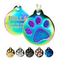 Engraved Pet Tag for Dogs and Cats - Personalized Front & Back up to 4 Lines of Text Custom Engraved ID, Round Paw Print Solid Plating Stainless Steel Nebula Regular