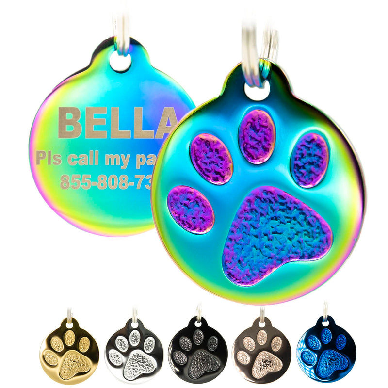Engraved Pet Tag for Dogs and Cats - Personalized Front & Back up to 4 Lines of Text Custom Engraved ID, Round Paw Print Solid Plating Stainless Steel Nebula Regular