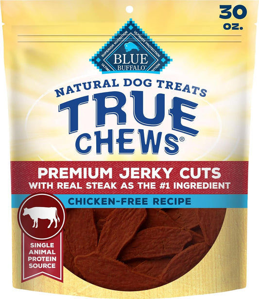 Blue Buffalo True Chews Premium Jerky Cuts with Real Steak, Chicken-Free Natural Dog Treats, Mineral-Enhanced for Flavor, 30 oz. Bag