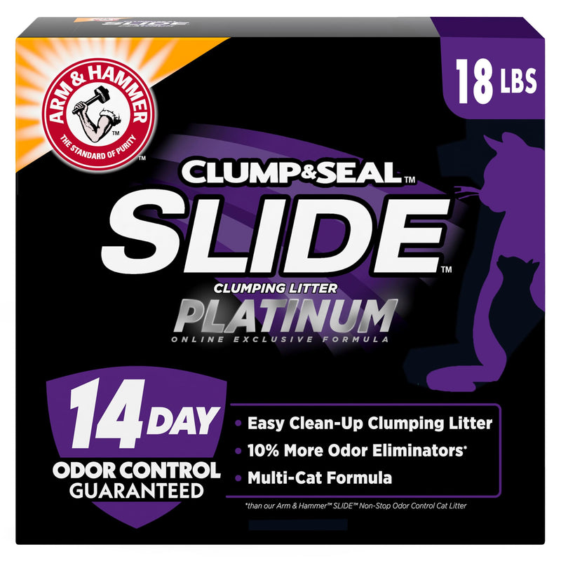 ARM & HAMMER Clump & Seal SLIDE Platinum Multi-Cat Clumping Cat Litter, Easy Clean Technology with No Scrubbing, 14-Day Odor Control, 18 lbs