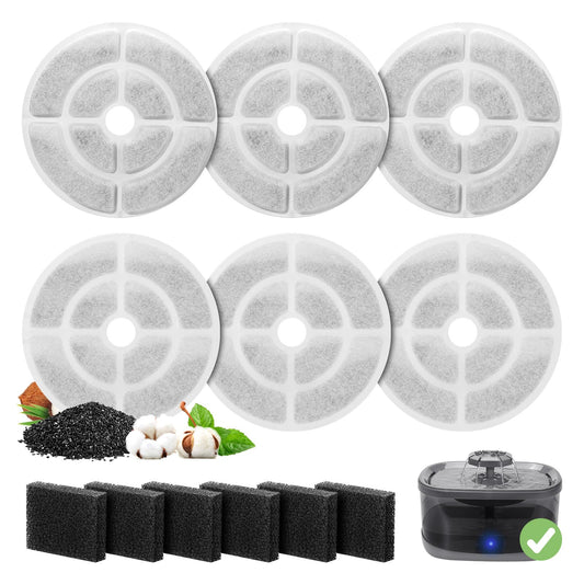 6 Pack Replacement Filters for 2.5Gal/9.5L Dog Water Fountain, GISOFIK 18CM Larger Cat Water Fountain Filters, Coconut Activated Dog Fountain Filters, Pet Fountain Filter Replacement(6 Pump Filters)