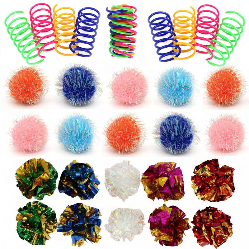 LASOCUHOO Cat Toys, 30 Packs Interactive Cat Toy Pack Including Cat Crinkle Balls, Cat Sparkle Balls, Spiral Springs for Kitten （Random Color）