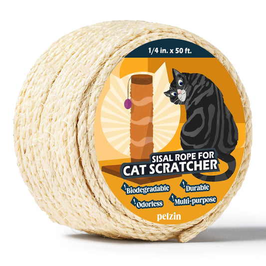 Pelzin Natural Sisal Rope for Cat Scratcher - 1/4 Inch by 50 Feet, Cat Tree Rope Twine for Scratching Post Replacement, Repairing, Recovering and DIY, White
