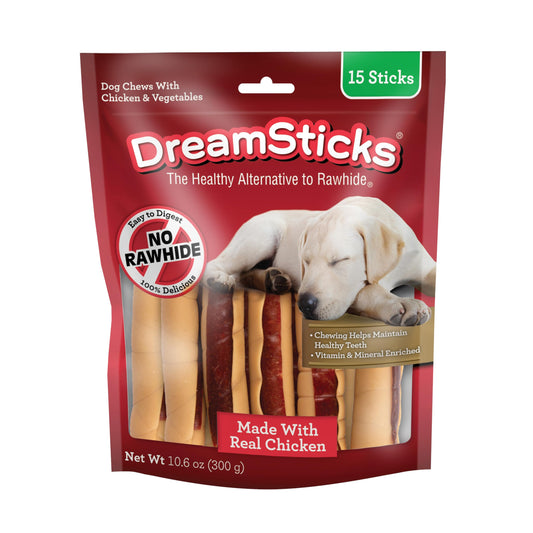 DreamBone DreamSticks With Real Chicken Chews For Dogs, 15 Count, These Easy-to-Digest Rawhide-Free Chews are a Dog’s Favorite Distraction
