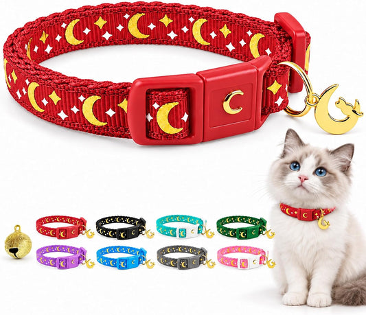 waaag Cat Collar, Gold Moons and Stars Cat Collar, Safety Breakaway Cat Collar with Bell, Glow in the Dark (Kitten 6.5"-10" Neck, Scarlet)