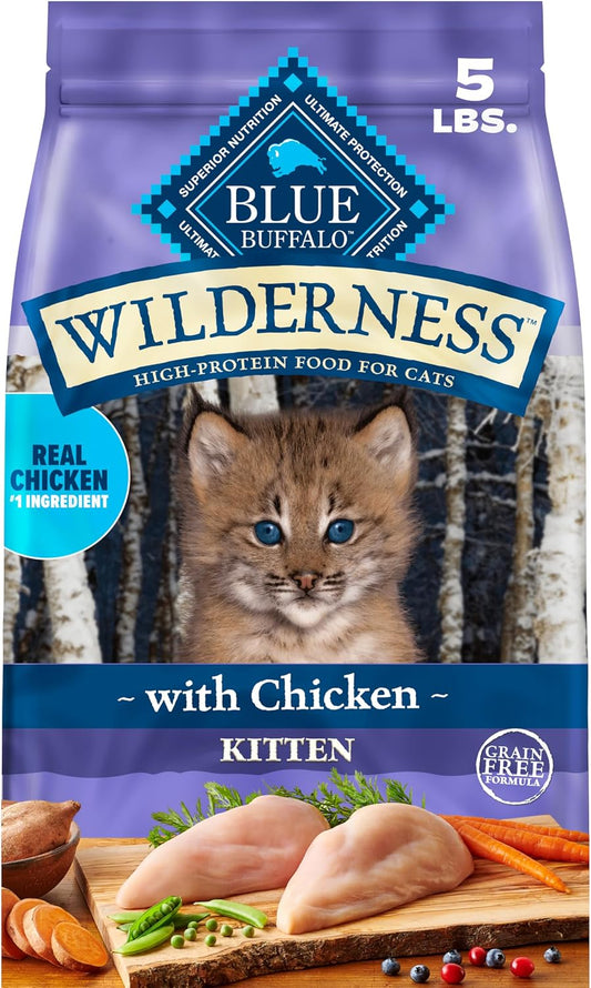Blue Buffalo Wilderness Natural Kitten Dry Cat Food, with DHA and ARA to Support Brain and Eye Development, High-Protein and Grain-Free Diet, Chicken, 5-lb. Bag