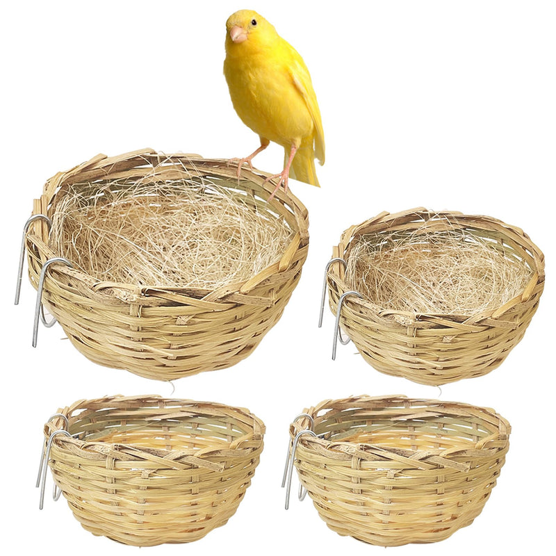 VCEPJH Handmade Bird Nest for Cage 4 Pack Bamboo Canary Breeding Nest with Hook Finch Nesting Hatching House with Fiber Liner for Littile Finch Parakeet Cockatiel Budgie