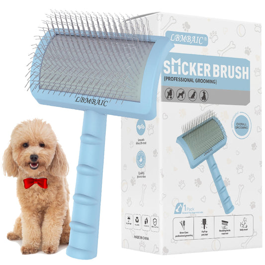 LBMBAIC Slicker Brush for Poodles and Goldendoodles - Curved Brush for Thick, Fluffy, Shedding Fur on Dogs and Cats - Soft, Gentle Pins for Grooming (Blue)