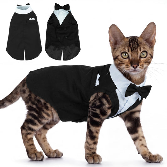 PUMYPOREITY Cat Tuxedo Suit Formal Wear with Bow Tie, Soft Skin-Friendly Cat Costumes for Cats Only, Elegant Outfit for Male Female Cats, Perfect for Wedding Birthday Photo Shoots, 2XL, Black