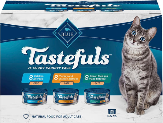 Blue Buffalo Tastefuls Wet Cat Food Paté Variety Pack (Chicken, Turkey & Chicken, Ocean Fish & Tuna) for Adult Cats, Made with Natural Ingredients, 5.5-oz. Each (24 Cans)
