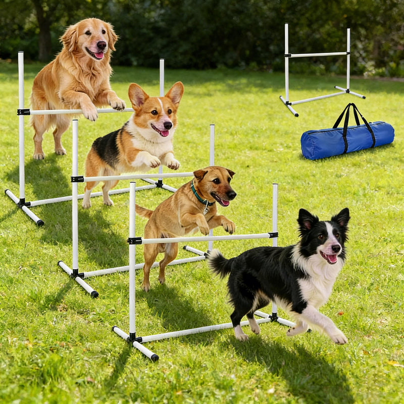 TinyPoint 4 PCS Dog Agility Course Equipment, Adjustable Jump Bars Obstacle Training Supplies PVC Puppy Exercise and Coordination Training Kit with Carry Bag for Indoor Outdoor Use(White)