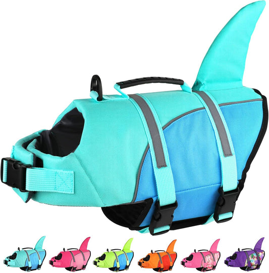 Doglay Dog Life Vest, Ripstop Cute Shark Life Jacket, Turquoise & Blue, XL