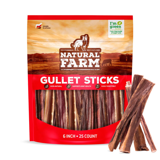 Natural Farm Gullet Sticks Chews for Dogs, 6 Inch (25 Count), Single Ingredient Jerky Esophagus Treats, Rawhide-Free Natural Glucosamine & Chondroitin, Great for Puppies, Seniors & Light Chewers