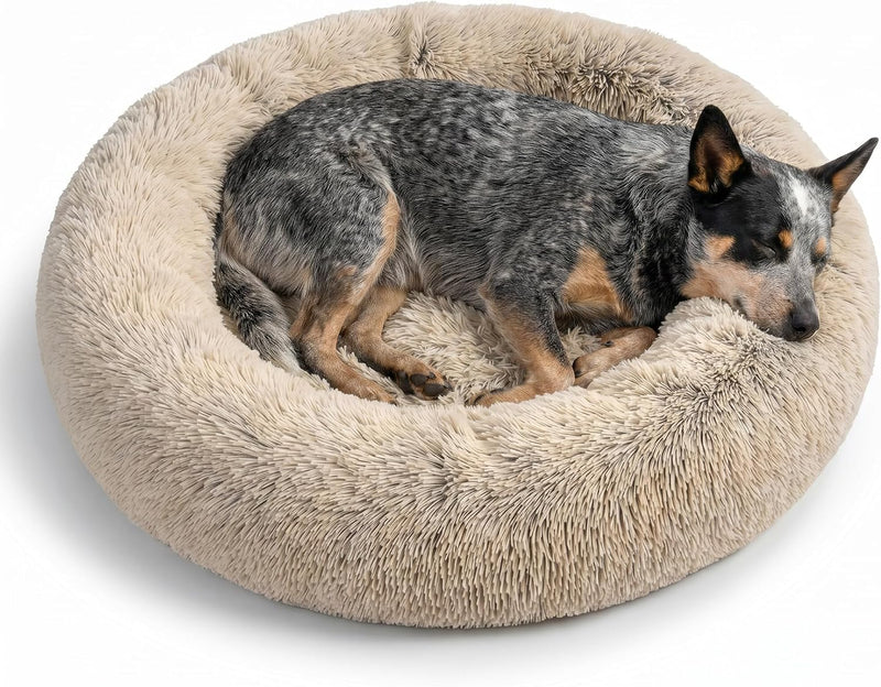 Best Friends by Sheri The Original Calming Donut Dog Bed for Medium Dogs up to 45 lbs, Shag Faux Fur, Taupe, Medium, 30