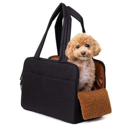 Black Dog Purse Carrier for Small Dogs – Cotton Padded Interior, Multiple Pockets, Breathable Mesh & Comfortable Strap, Durable Polyester Travel Bag, Lightweight Cat Carrier, Versatile Small Pet Bag