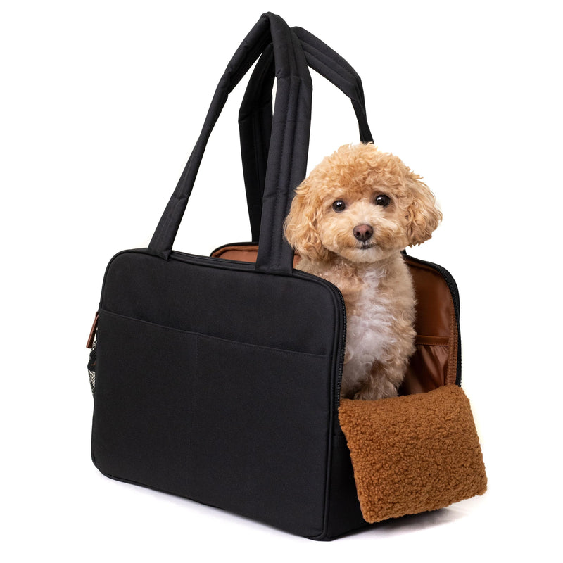 Black Dog Purse Carrier for Small Dogs – Cotton Padded Interior, Multiple Pockets, Breathable Mesh & Comfortable Strap, Durable Polyester Travel Bag, Lightweight Cat Carrier, Versatile Small Pet Bag