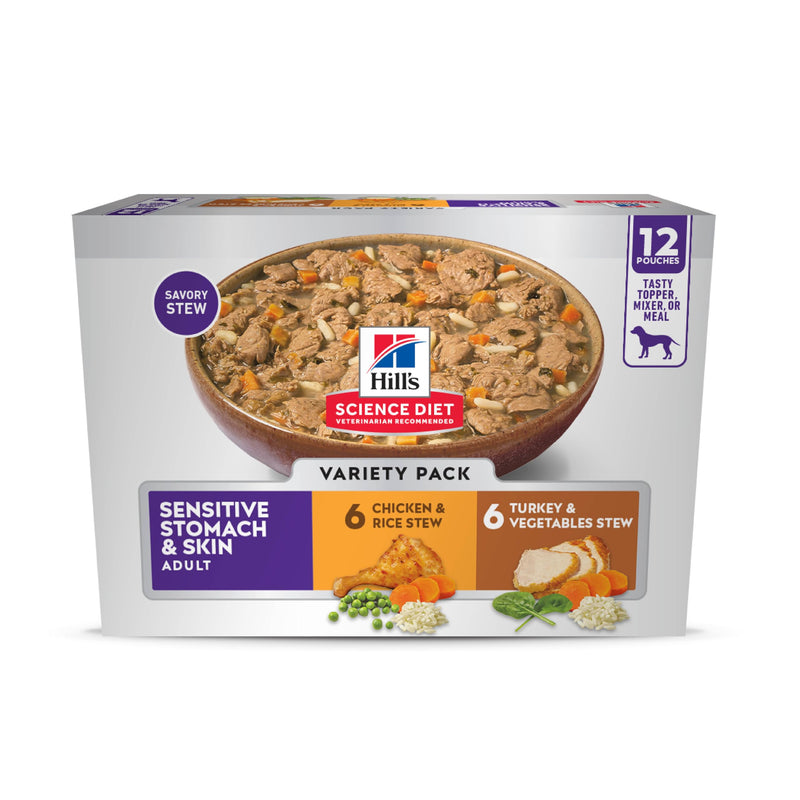 Hill's Science Diet Sensitive Stomach & Skin, Adult 1-6, Stomach & Skin Sensitivity Support, Wet Dog Food, Variety Pack: Chicken, Turkey Stew, 2.8 oz Pouch, Case of 12