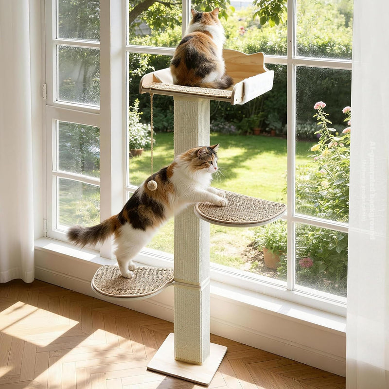 Solid Wood Cat Window Perch with 2 Jumping Platforms, Cat Hammock for Window with Scratching Post, Sisal Tall Cats Scratching Post with Large Perch, Wooden Cats