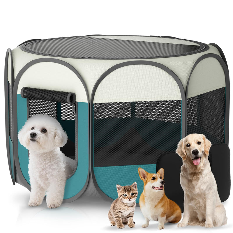 Portable Cat Playpen for Indoor Enclosed: Foldable Pet Playpen for Cat Small Dog Indoor Outdoor with Zipper Top Cover - Pop Up Puppy Kitten Tent Crates Cage Kennel with Carrying Case (Blue/White)