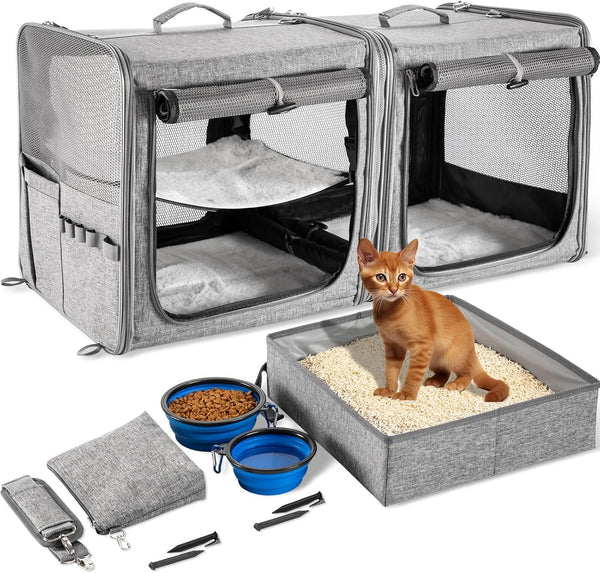 Suertree Large Cat Carrier for 2 Cats with Zipper Locks, Double Cat Carrier with Travel Litter Box, Soft Pet Travel Carrier for Cats and Small Dogs Up to 45 Lbs, Gray