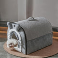 Jiupety Small Dog House Indoor, Cat House with Door Curtain Design, Puppy House with Reversible Washable Cushion, M Size Portable Pet Cave for 7-13 lb Cats and 5-11 lb Dogs, Non-Slip Bottom, Grey