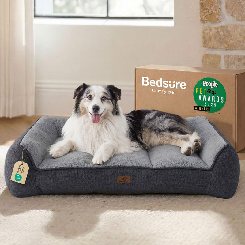 Bedsure SupportMax™ XL Orthopedic Dog Beds Large Sized Dog - Extra Thick Supportive Dogs Couch with Waterproof Washable Cover, Extra Large Comfort Pet Sofa with Soft Sherpa & Nonskid Bottom, Grey, 42