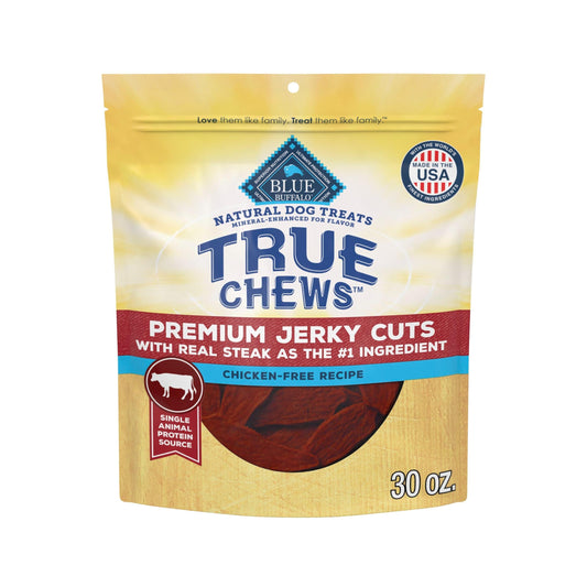 Blue Buffalo True Chews Premium Jerky Cuts with Real Steak, Chicken-Free Natural Dog Treats, Mineral-Enhanced for Flavor, 30 oz. Bag