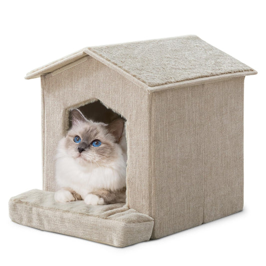 DEBANG HOME Cat Beds for Indoor Cats,Cat Houses,Cat Cave with Orthopedic Cushion,Foldable Cat Condos,Hideaway,Shelter,Beige Cat Tent for Small Dogs and Rabbit,Squirrel