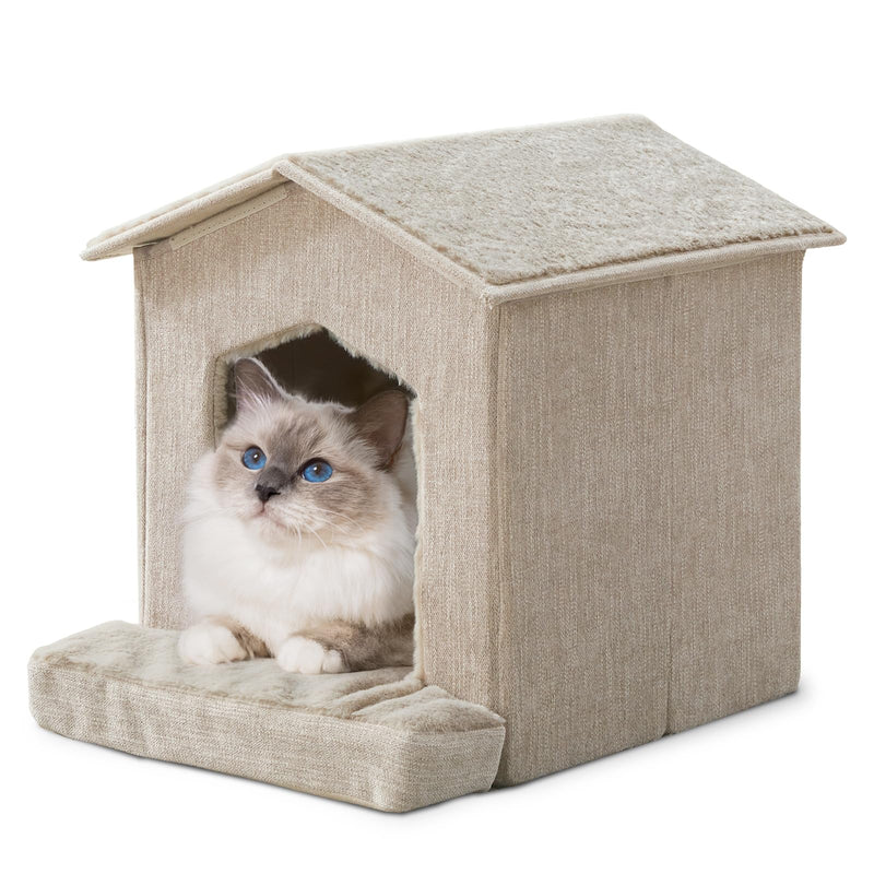 DEBANG HOME Cat Beds for Indoor Cats,Cat Houses,Cat Cave with Orthopedic Cushion,Foldable Cat Condos,Hideaway,Shelter,Beige Cat Tent for Small Dogs and Rabbit,Squirrel