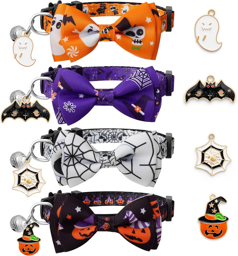 LLHK 4 Pack Halloween Cat Collar with Bow Tie and Bell,Breakaway Kitten Collar for Girl Boy Cats,Adjustable 7-12inch,for