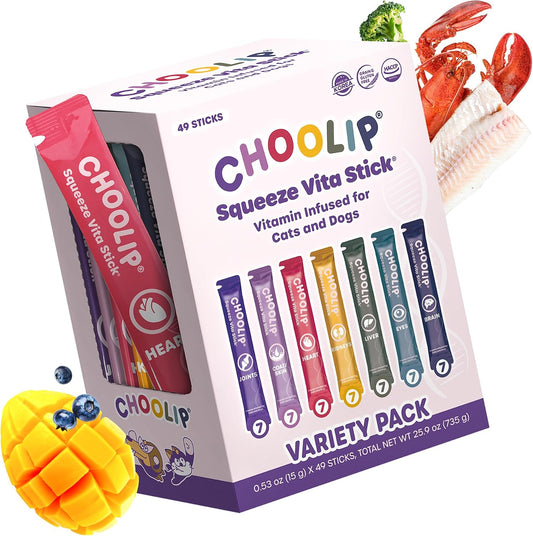 Choolip Squeeze Vita Stick Lickable Cat and Dog Treats – 49-Count Variety Pack – Real Meat Puree with Multivitamins for Total Pet Wellness – Grain-Free, High-Moisture, Vet-Formulated