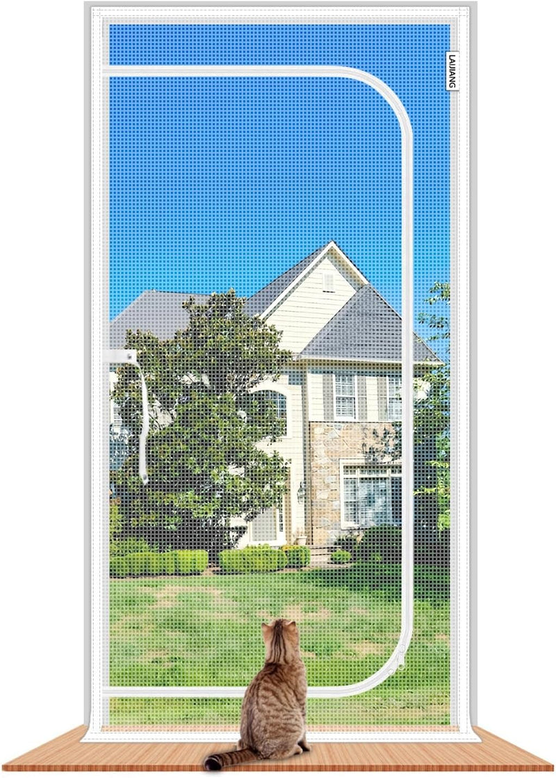 Reinforced Cat Screen Door with Zipper Fits Openings 57x85''
