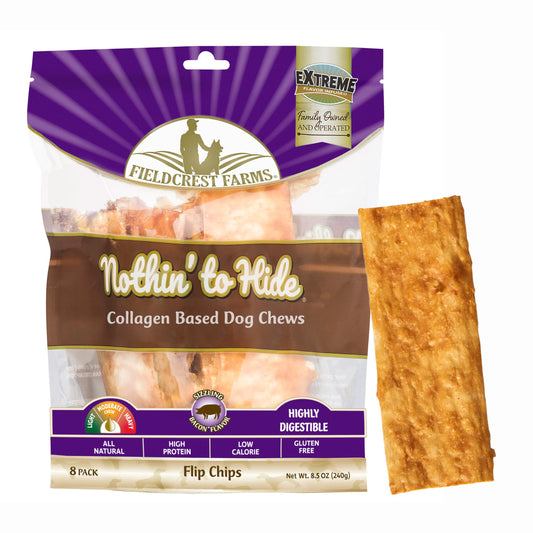 Fieldcrest Farms Nothin to Hide Flip Chips Dog Chews - Natural Rawhide Alternative Treats for Dogs, Collagen Based Snack for Moderate Chewers Up to 35lbs, Bacon Flavor