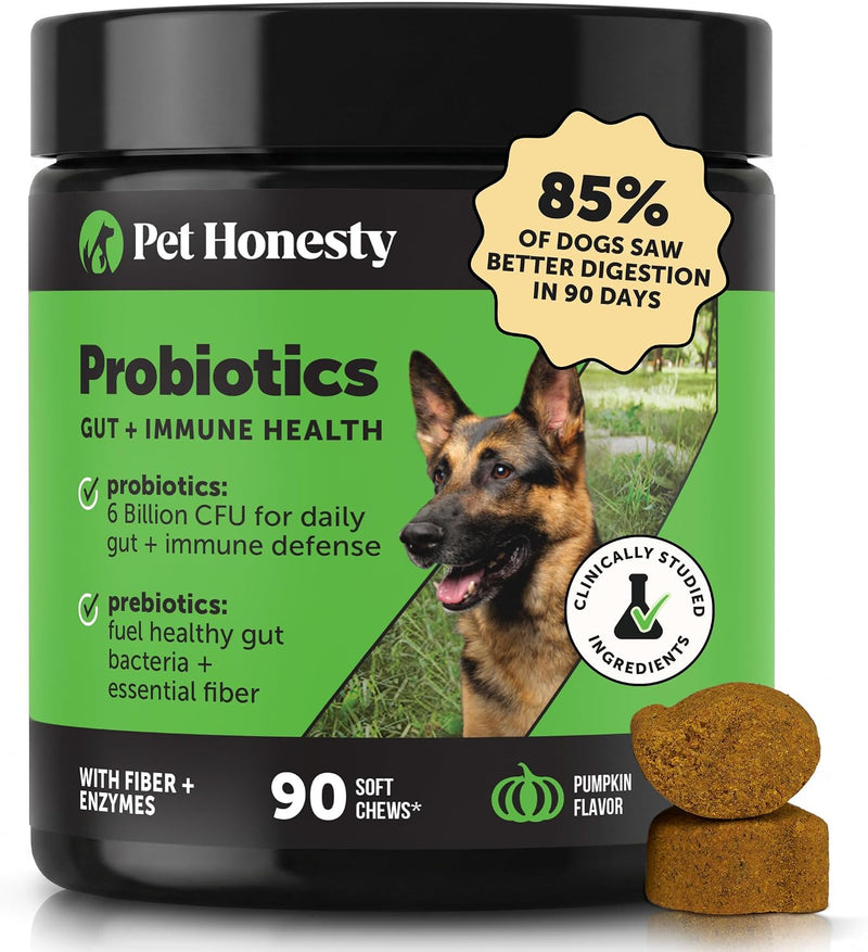 6 Billion CFU Dog Probiotics with Prebiotics, Digestive Enzymes, & Fiber - Relief for Occasional Diarrhea, Gas, Bloating & Itchy Skin - Daily Gut Health & Immune Support for All Dogs (Pumpkin, 90 ct)