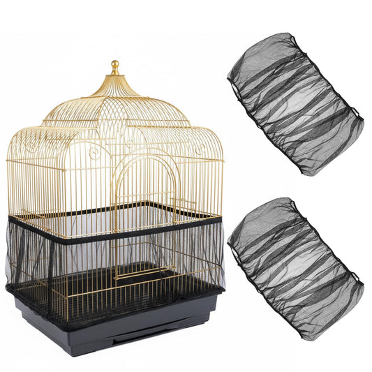 2 Pcs Bird Cage Seed Catcher, Elasticity Bird Cage Cover Seed Catcher Guard Birdscage Net Skirt Netting for Parrot Parakeet, Black