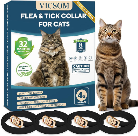 VICSOM 4 Pack Flea and Tick Collar for Cats, 32 Months Treatment, Waterproof Adjustable Kitten Flea Collar, Flea Prevention, Black