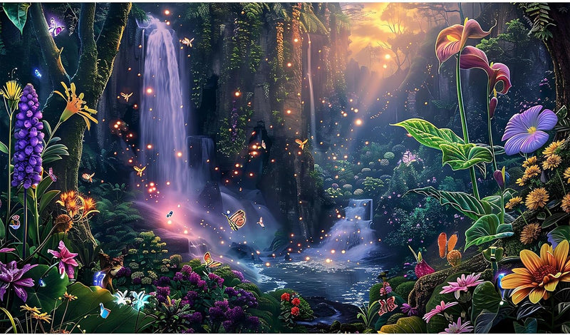 Fantasy Garden Aquarium Background Sunset Waterfall and Flowers Terrarium Backdrop Tropical Forest Lush Plant Magic Butt