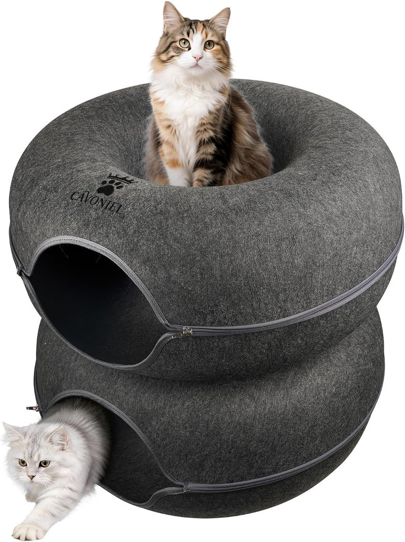 2-Level Detachable Large Cat Tunnel Bed for Indoor Cats, Scratch-Resistant Felt Donut Cat Cave, Supports Up to 30 lbs, P