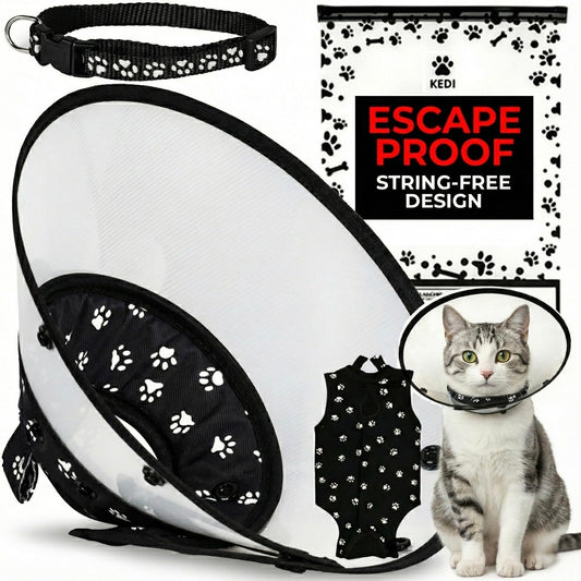 Cat Recovery Cone Kit Post Surgical Soft Pet Vest, Collar, and Non-Irritating Protection Cone for Cats - Comfortable Injury Care Solution (Black with White Paws, Medium)