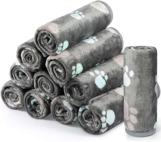 Tegeme 12 Pcs Pet Blankets 23 x 16 Inch Soft Fluffy Fleece Dog Cat Warm Paw Print Pattern Blankets Flannel Throw for Pets Dog Puppy Cat(Gray)