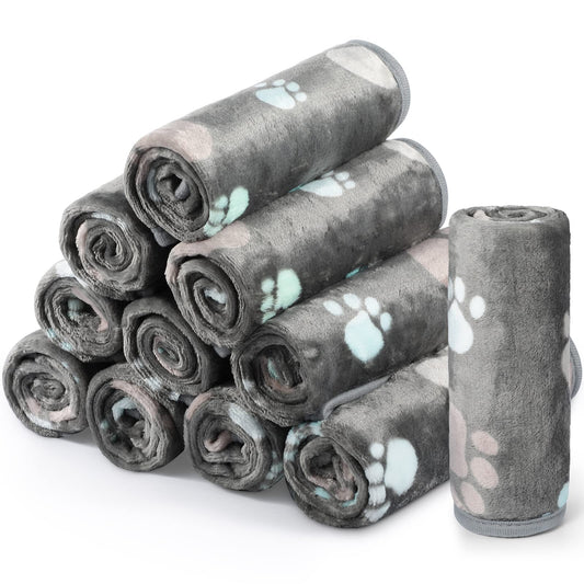 Tegeme 12 Pcs Pet Blankets 23 x 16 Inch Soft Fluffy Fleece Dog Cat Warm Paw Print Pattern Blankets Flannel Throw for Pets Dog Puppy Cat(Dark Gray)