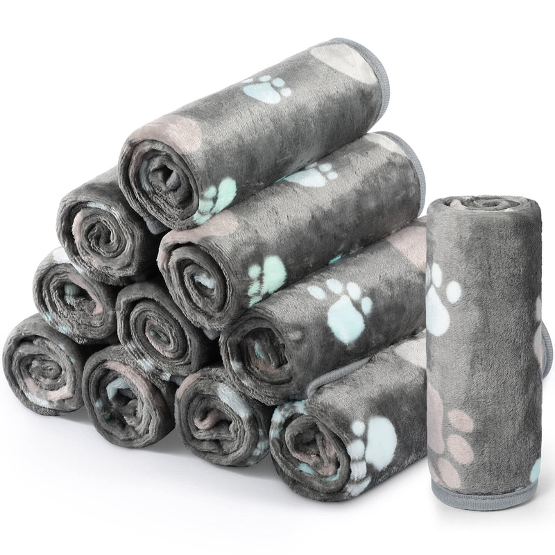 Tegeme 12 Pcs Pet Blankets 23 x 16 Inch Soft Fluffy Fleece Dog Cat Warm Paw Print Pattern Blankets Flannel Throw for Pets Dog Puppy Cat(Dark Gray)