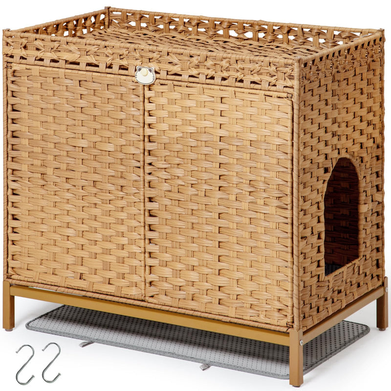 SETVSON Cat Litter Box Enclosure Furniture, Hidden Handwoven Rattan Litter Box with Mat, Large Cat House with Metal Heightened Feet, 30.3 x 18.3 x 28 Inches, Indoor for Living Room, Bedroom Natural