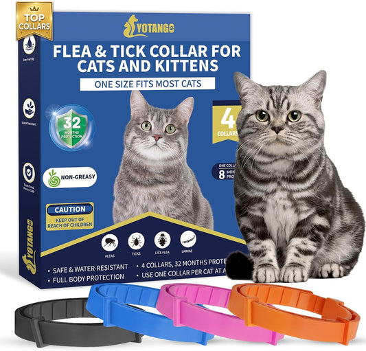 4 Pack Flea Collar for Cats, 32 Months Flea and Tick Prevention for Cat, Waterproof & Natural Cat Flea and Tick Treatment, Adjustable for Cats Kittens(Blue&Pink)
