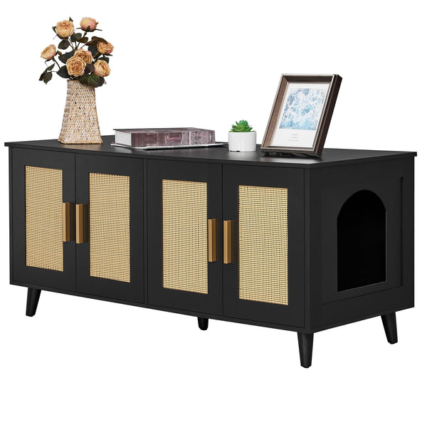 Homhedy Boho Cat Litter Box Enclosure for 2 Cats, Wooden Cat Washroom Furniture with Double Rattan Decorated Doors, Pet House,47.2”L x 19.7”W x 21.7”H, Black and Natural
