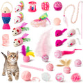 MALLMALL6 Cat Toy Set Interactive Cat Toys 27Pcs Pack Stuff Pink Feather Teaser Wand Springs Mice Sisal Fish Crinkle Balls Bell Balls, Puzzle Pack for Indoor Kitty Play Exercise