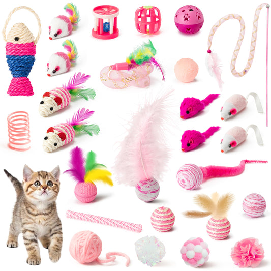 MALLMALL6 Cat Toy Set Interactive Cat Toys 27Pcs Pack Stuff Pink Feather Teaser Wand Springs Mice Sisal Fish Crinkle Balls Bell Balls, Puzzle Pack for Indoor Kitty Play Exercise