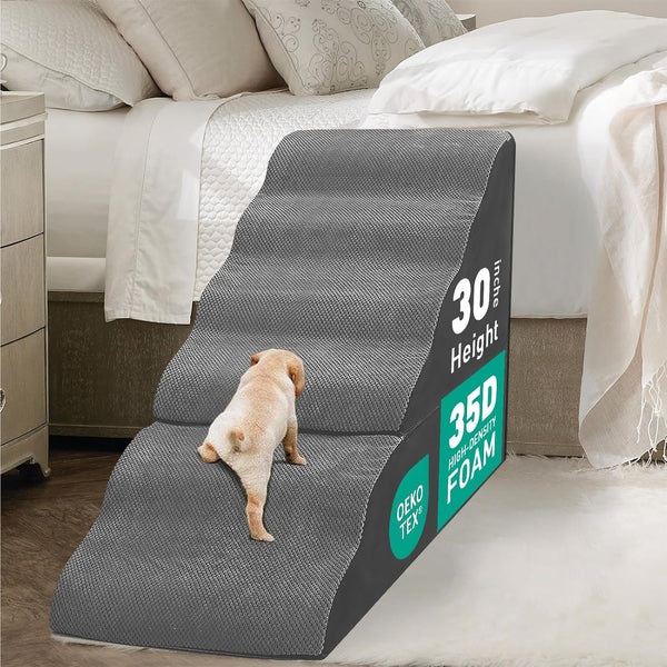 MALOROY Dog Stairs for High Beds 30-36 inches Tall, 6-Step Dog Steps for Bed 32-36 inches for Small Large Dogs, Doggie Ramp for Bed, 30D Foam Pet Stairs for Old Dogs/Cats, Free-Installation, Grey