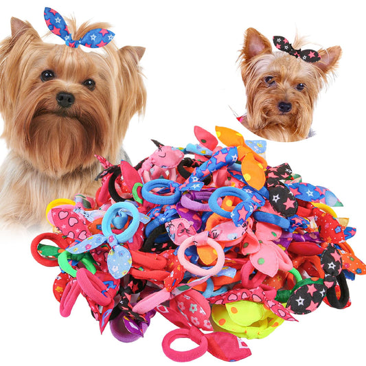 XIMA Dog Hair Accessories Set, 100 Pieces Colorful Rabbit Ear Hair Ties with Elastic Bands, Pet Grooming Bows for Dogs
