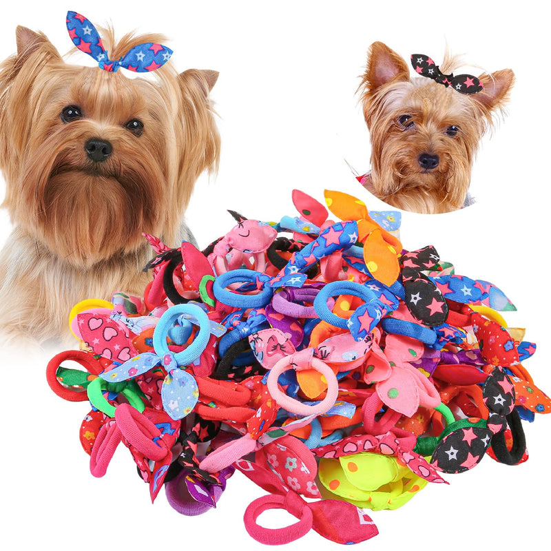 XIMA Dog Hair Accessories Set, 100 Pieces Colorful Rabbit Ear Hair Ties with Elastic Bands, Pet Grooming Bows for Dogs